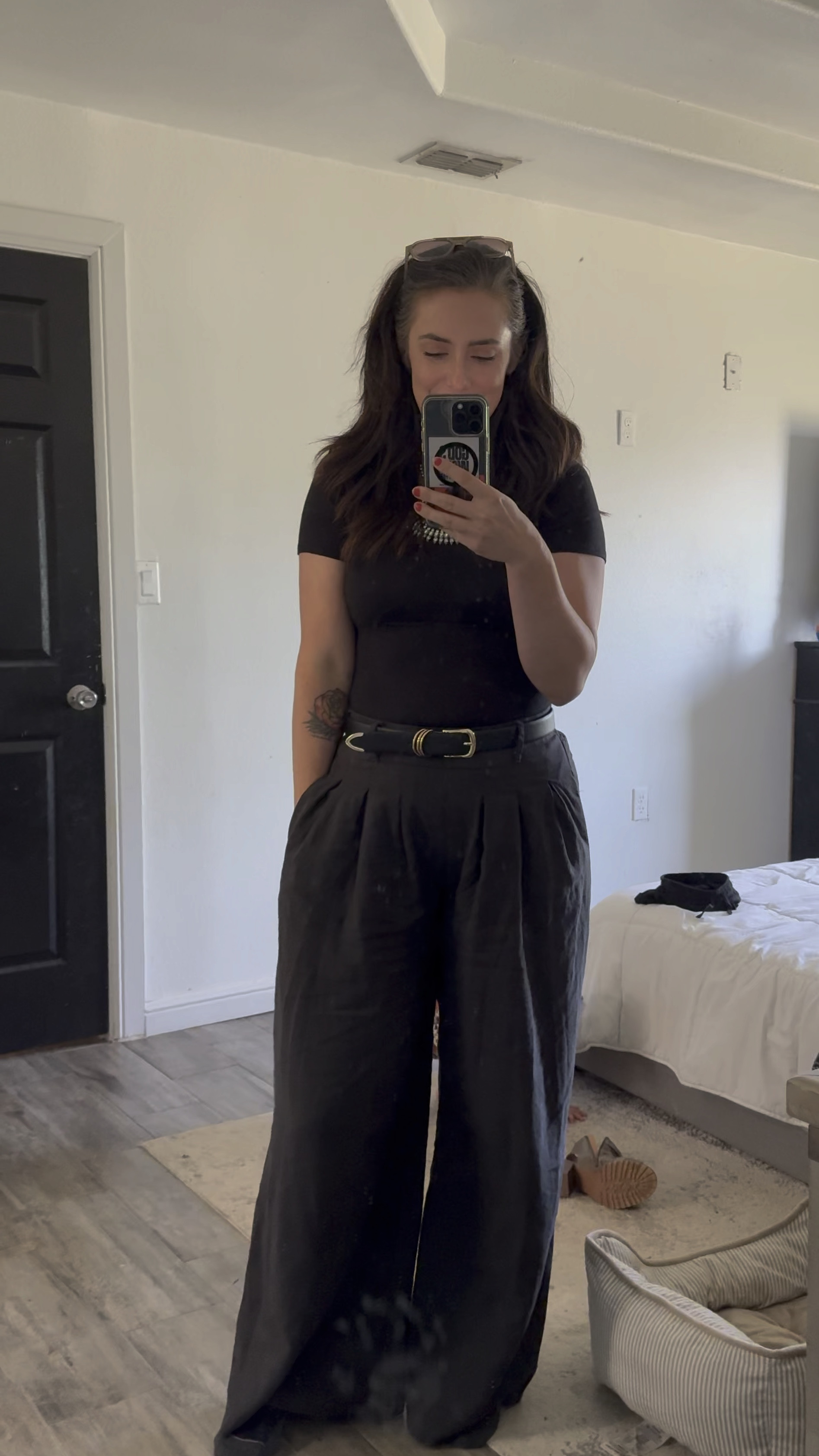 Casual ootd! Love this look for date night or evening out 🖤🪩have a great weekend friends! #casual #linenpants #bodysuit #amazon #edgy #datenight #elevated #westernbelt #sunglasses 

#LTKfindsunder50 #LTKVideo #LTKSeasonal