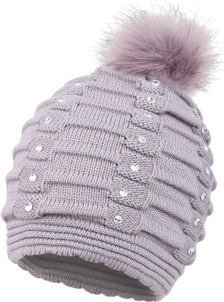 Arctic Paw Horizontal Cable Knit Beanie with Sequins and Faux Fur Pompom | Amazon (US)