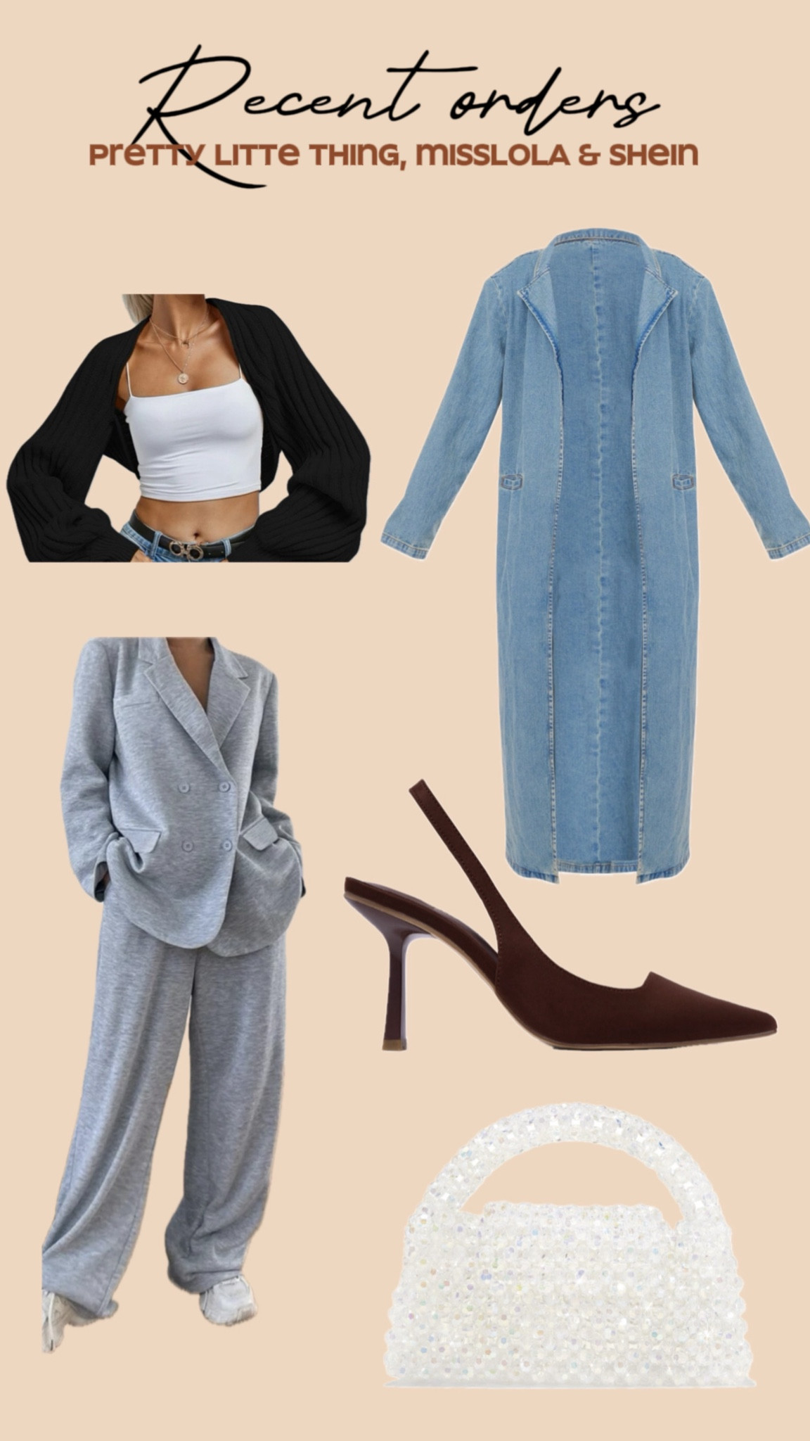 November recent orders 🤍🛒

Denim maxi coat 
Brown pumps 
Blazer sweatsuit 
Fall outfits
Winter style 
Shrug crop sweater 
Fall style 
Causal wear 
Iridescent bag 

#LTKstyletip #LTKSeasonal