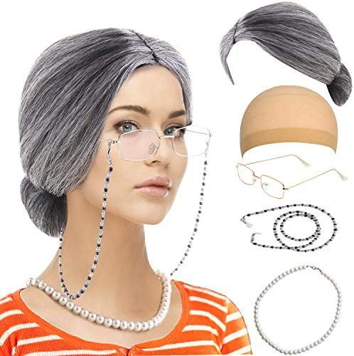 Old Lady Costume Set-Grandmother Wig,Wig Caps, Madea Granny Glasses, Eyeglass Retainer Chain,Pear... | Amazon (US)