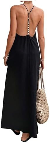 Verdusa Women's Backless Cami Dresses Linen Maxi Dress Open Back Vacation Boho Summer Outfits | Amazon (US)