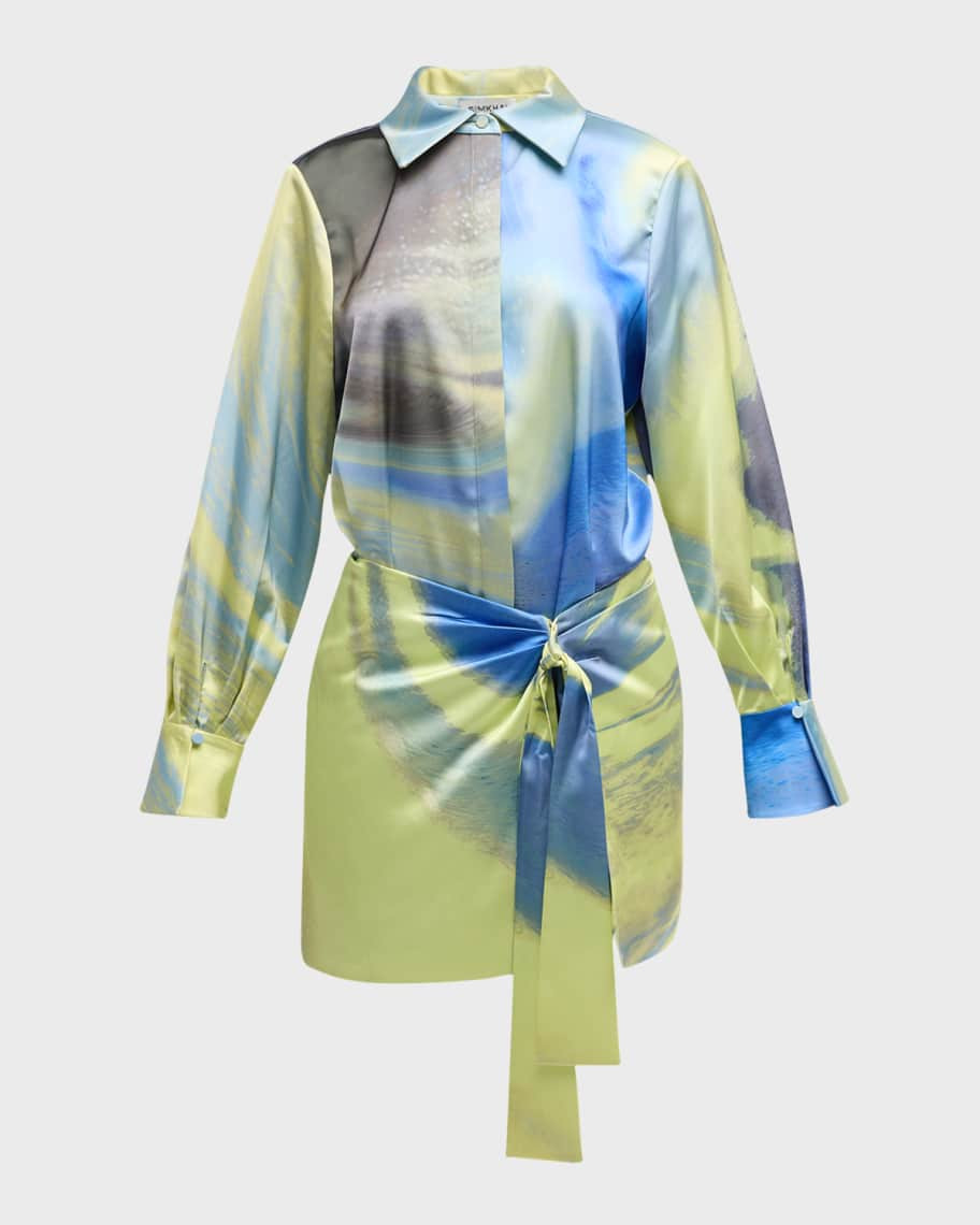 SIMKHAI Lanie Long-Sleeve Waist-Tie Mini Shirtdress | Neiman Marcus