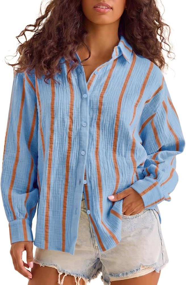 Striped Shirts Blouse for Women Boyfriend Gauze Shirt Oversized Summer Beach Top Long Sleeve Loos... | Amazon (US)
