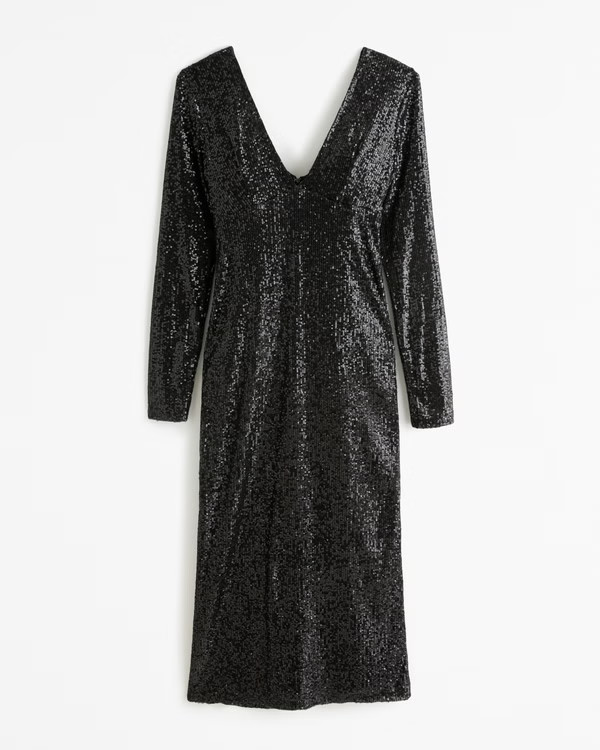 Long-Sleeve Sequin Plunge Midi Dress | Abercrombie & Fitch (US)