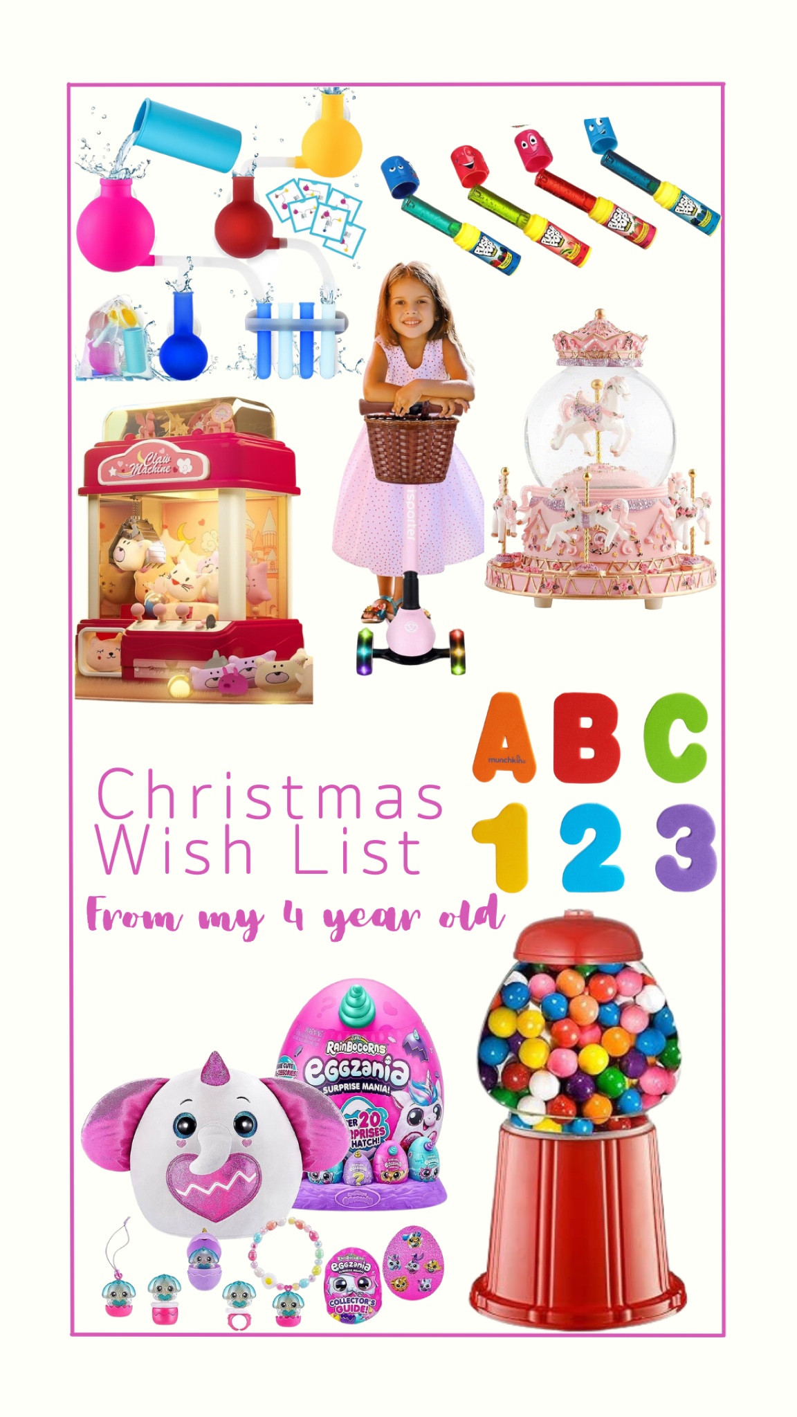 Verbatim from my daughters Christmas Wish List (yes, even the push pops) 😆 sometimes you just have to ask and you will receive 😂 

She specifically wanted a gum ball machine, new bath toys, a claw machine, and a new snow globe! Also, the “mystery egg” is a hot item for kids and she always loves getting surprises too! 

Linked them all here from Amazon! Easy does it! 

#giftguide #giftsforlittlekids #giftsfortoddlers #giftsforbigkids #christmaslist #wishlist #giftideas 

#LTKHoliday #LTKGiftGuide #LTKkids