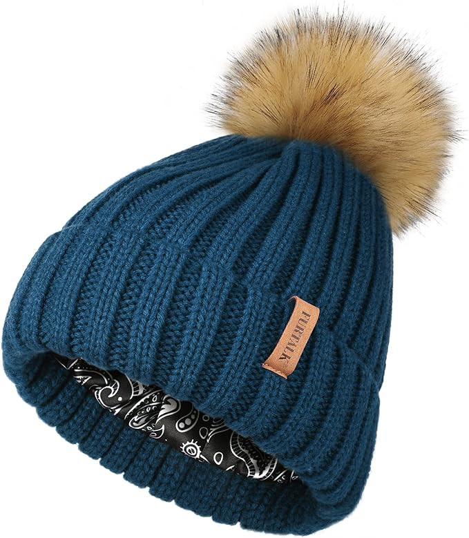 FURTALK Womens Winter Beanie Hat Satin Lined Faux Fur Pom Pom Beanies Hat for Women Winter Warm K... | Amazon (US)