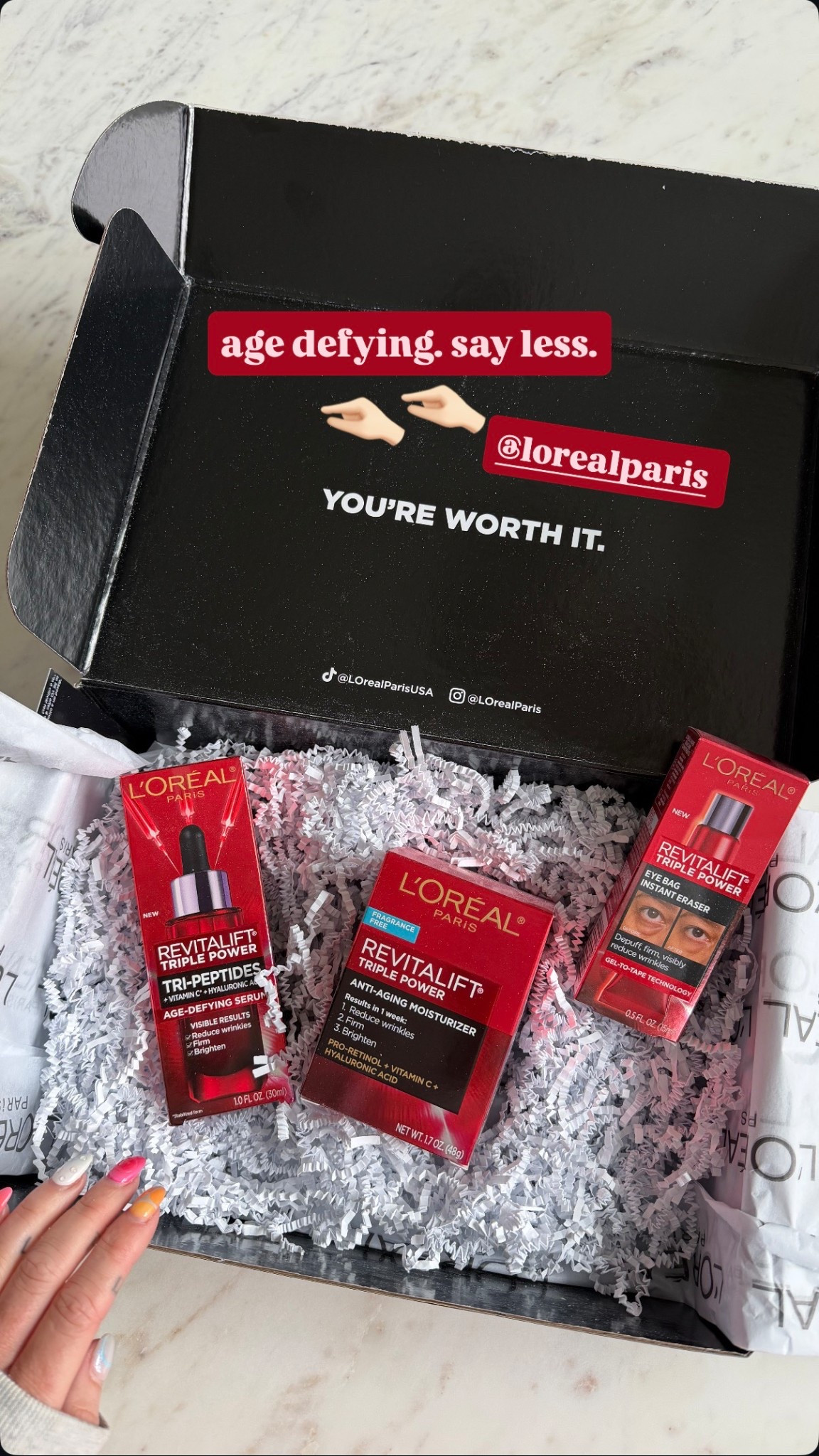 L’Oréal revitalift triple power for age defying skincare 
Anti-aging skin care routine with peptide, serum, moisturizer, and eye bag eraser