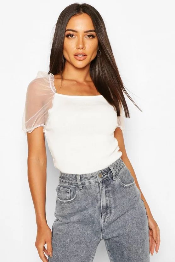 Short Sleeve Organza Puff Sleeve Top | Boohoo.com (US & CA)