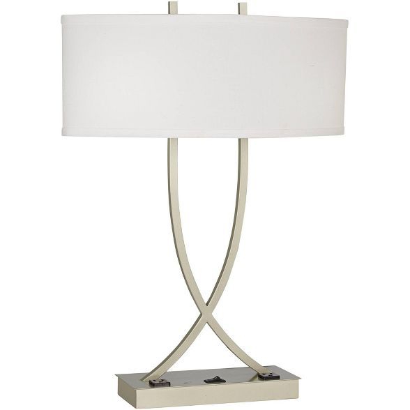 360 Lighting Contemporary Table Lamp with Outlets Brushed Silver Brussels White Linen Shade for L... | Target