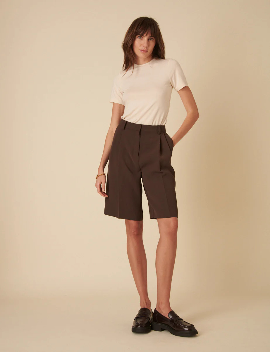Chocolate Brown Double Pleated Bermuda Shorts | Nobody's Child