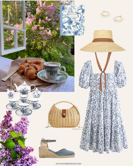 Spring mood board inspiration: blue and white puff sleeve floral dress, espadrilles, straw hat, pearl earrings, wicker bag 

#LTKSeasonal #LTKstyletip