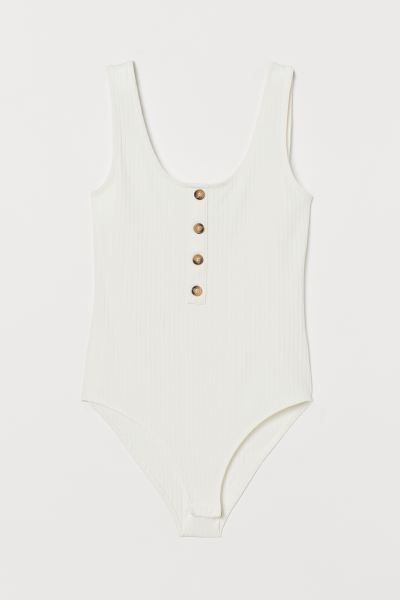 Sleeveless bodysuit in ribbed jersey with a slight sheen. Wide shoulder straps, low-cut neckline ... | H&M (US + CA)