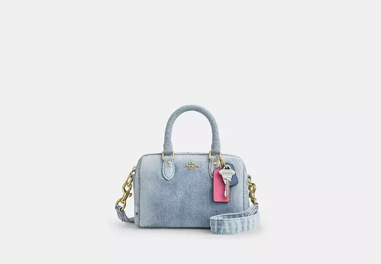 Coach Outlet Mini Rowan Crossbody Bag In Loved Denim With Charms - Blue, Size: Small | Coach Outlet US