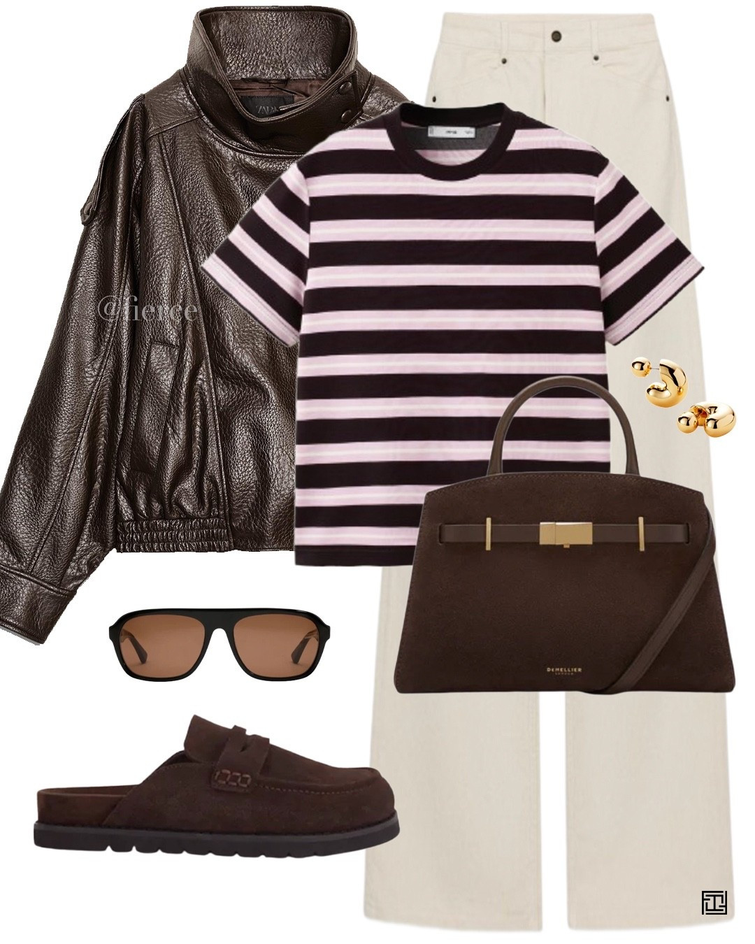 Brown leather jacket pink and brown striped tshirt cream jeans backless loafers chocolate brown suede bag casual weekend look 

#LTKspring #LTKuk #LTKeurope