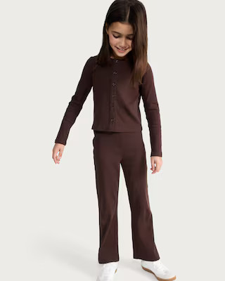 F&F Girls 2-Piece Cotton Rich Ribbed Cardigan and Trousers Set in Brown | Tesco F&F