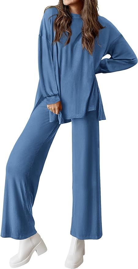 PRETTYGARDEN Womens 2 Piece Outfits Crewneck Long Sleeve Tops Wide Leg Long Pants Casual Lounge S... | Amazon (US)