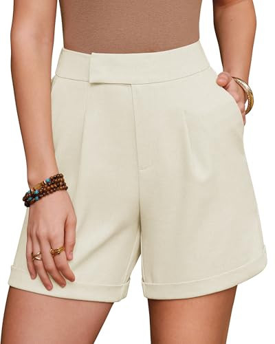 Arach&Cloz Women's High Waist Wide Leg Pleated Casual Work Beach Vacation Linen Shorts for Women 2026 White M | Amazon (US)