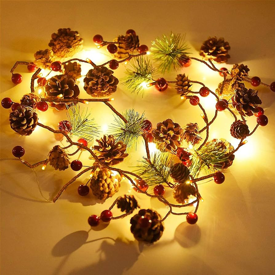 FUNPENY Christmas PineCones String Lights, 6.56Ft 20 LED Pine Needles Red Berries Fall Light Garl... | Amazon (US)