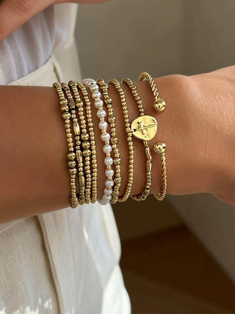 9pcs CCB & Faux Pearl Bracelet Set, Cross Decor Multi-Layer Stacking Bracelets, Suitable For Wome... | SHEIN