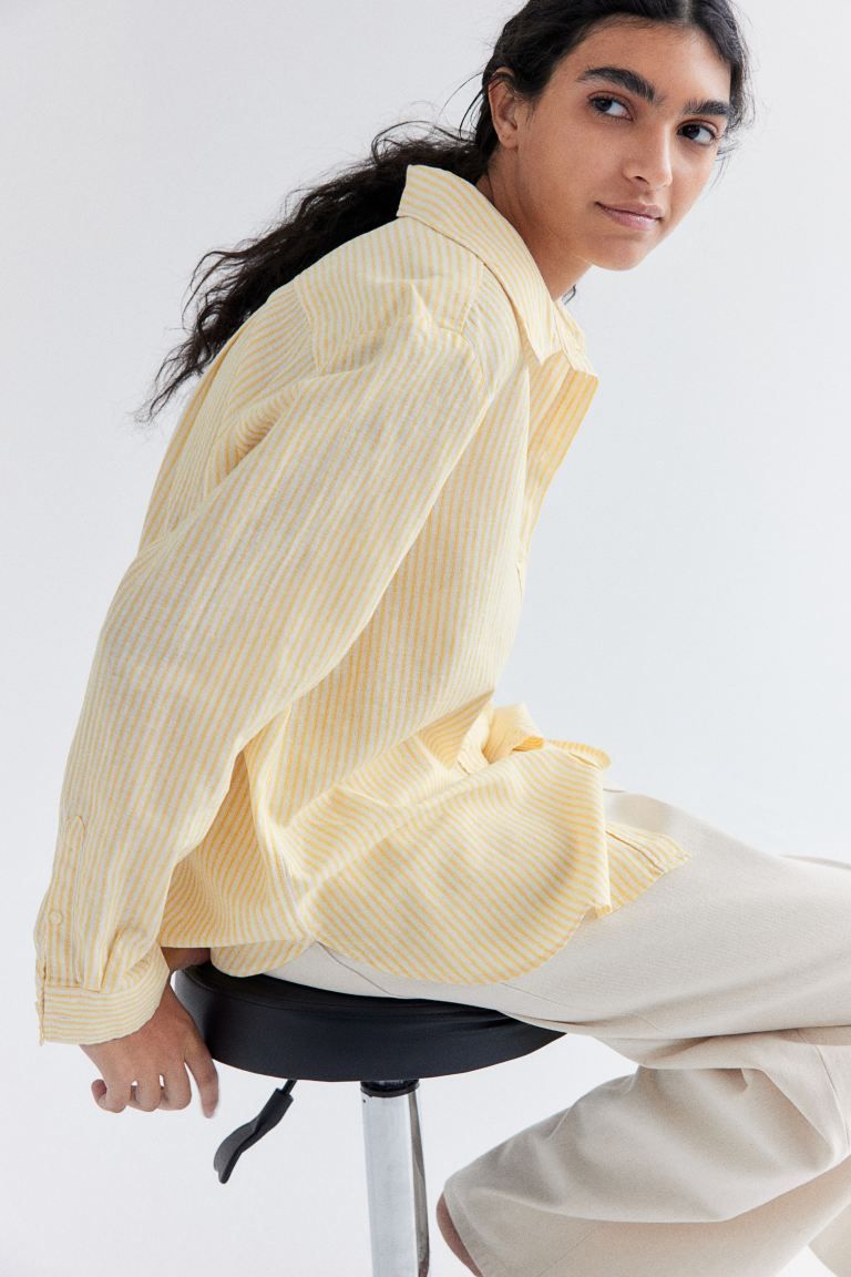 Linen-blend Shirt - Long sleeve - Regular length - Yellow/striped - Ladies | H&M US | H&M (US + CA)