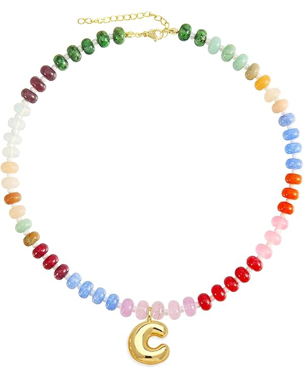 Elegant Boho Colorful Beaded Necklace with Gold Bubble Letter A-Z Pendant,Handmade Trendy Summer ... | Amazon (US)