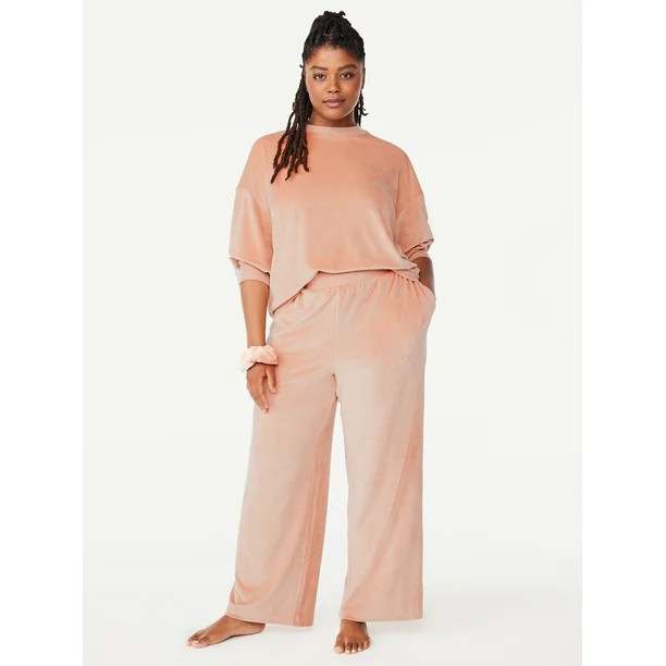 Joyspun Women's Ribbed Velour Top and Pants Pajama Set with Oversized Scrunchie, 3-Piece, Sizes S... | Walmart (US)