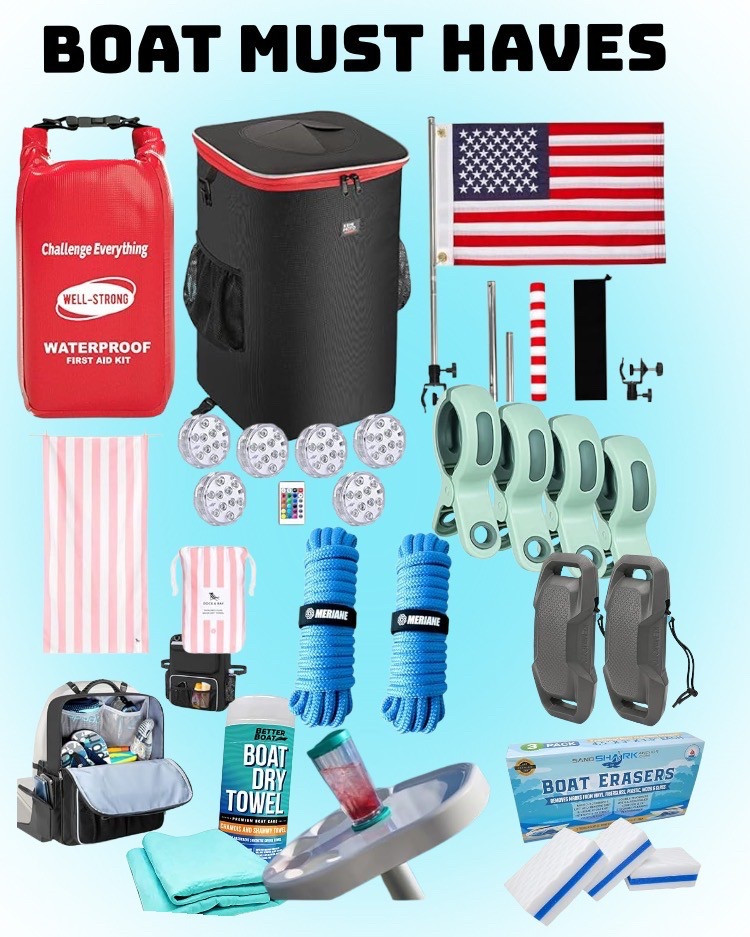 Boat Must-Haves for Every Adventure!
Whether you're cruising, fishing, or just soaking up the sun, these essential boat items have you covered. Stay safe with a waterproof first aid kit, keep refreshments chilled in a durable cooler, and show your spirit with a flag kit. Don't forget dry towels, fenders, mooring ropes, LED deck lights, storage solutions, and cleaning erasers for a smooth ride. From relaxation to emergency prep, this gear ensures your time on the water is nothing short of perfect.

#LTKSeasonal #LTKActive #LTKTravel