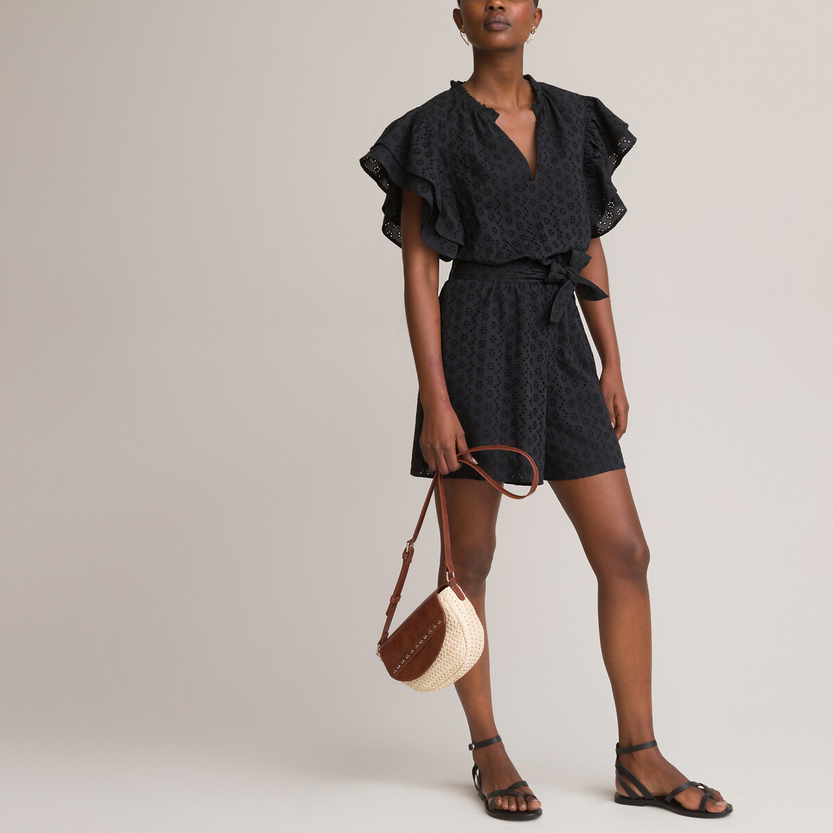 Cotton Broderie Anglaise Playsuit with Ruffled Sleeves | La Redoute (UK)