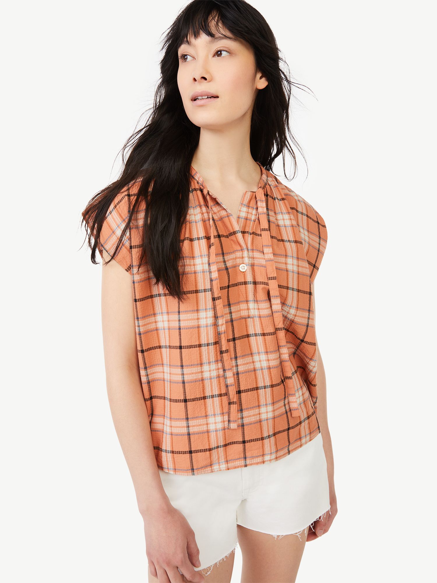 Free Assembly Women's Tie Neck Shirred Top - Walmart.com | Walmart (US)