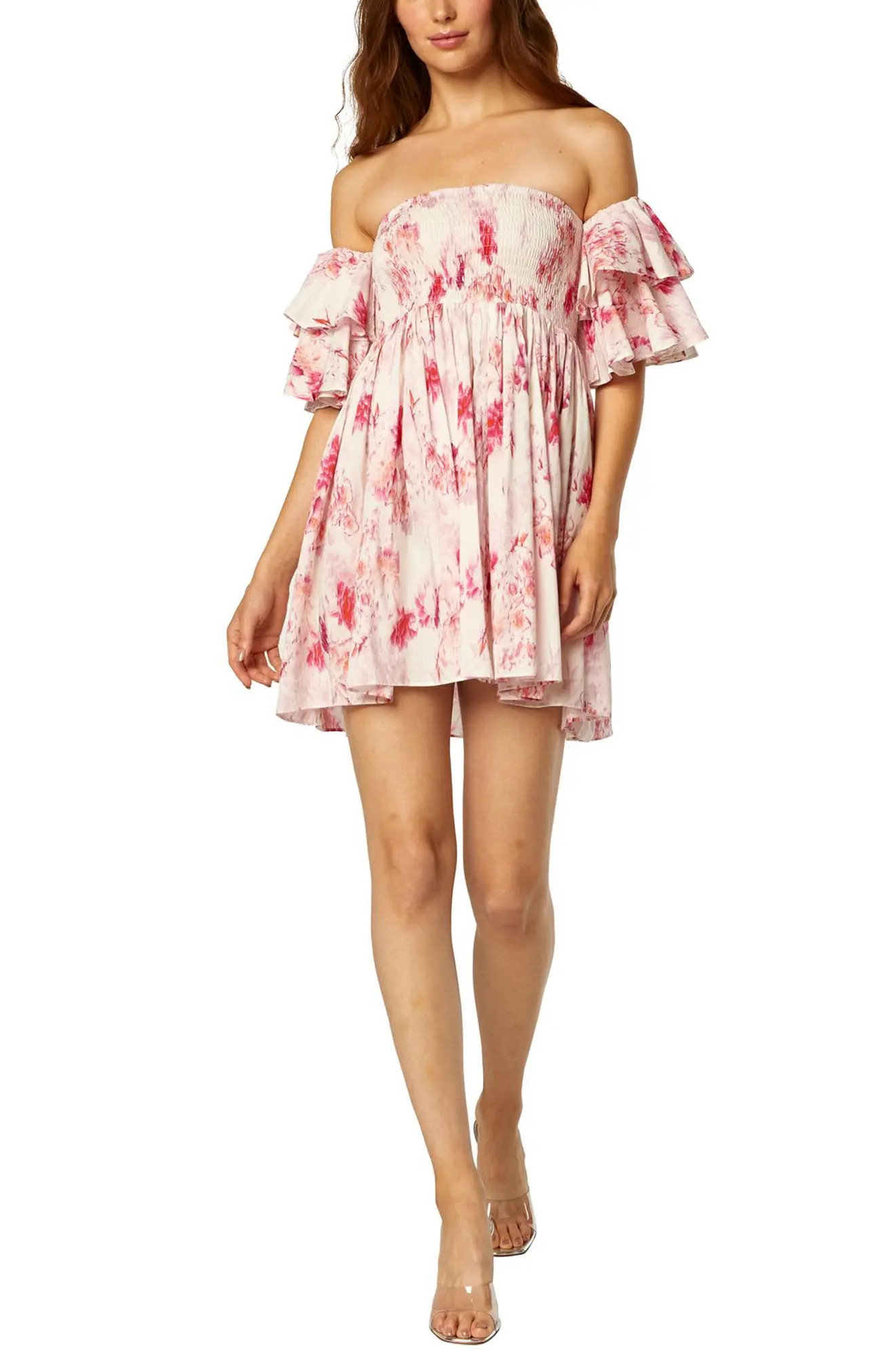 MISA Los Angeles Dina Shirred Ruffle Minidress in Abstract Rose Flora at Nordstrom, Size X-Large | Nordstrom