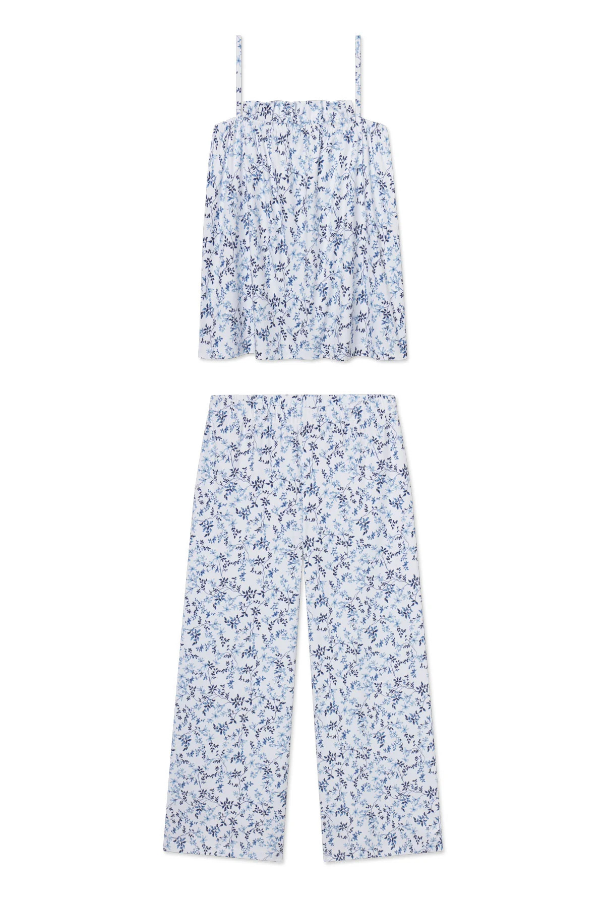 Pima Ruffle Pants Set in Serene Blue Botanical Vines | Lake Pajamas