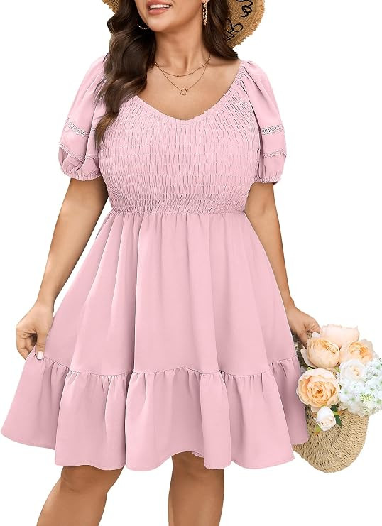 SCOMCHIC Women's Plus Size Summer Dresses Short Sleeve V Neck Casual A Line Spring Smocked Boho C... | Amazon (US)
