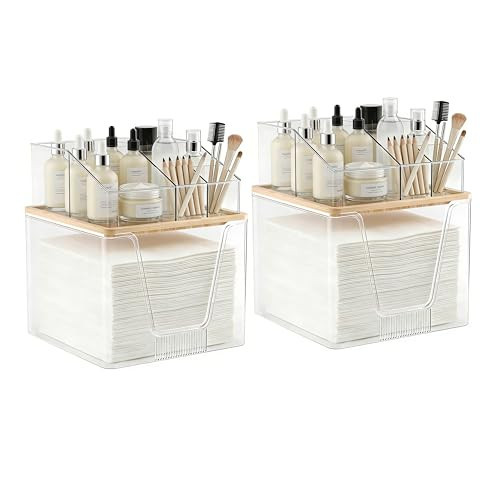 2 in 1 Disposable Facial Towel Holder and Cosmetic Organizer, Clear Storage with Bamboo Lid Compatible with Clean Skin Club Towel XL, Stackable Vanity Organizer for Bathroom Vanity Counter (2 Pack) | Amazon (US)