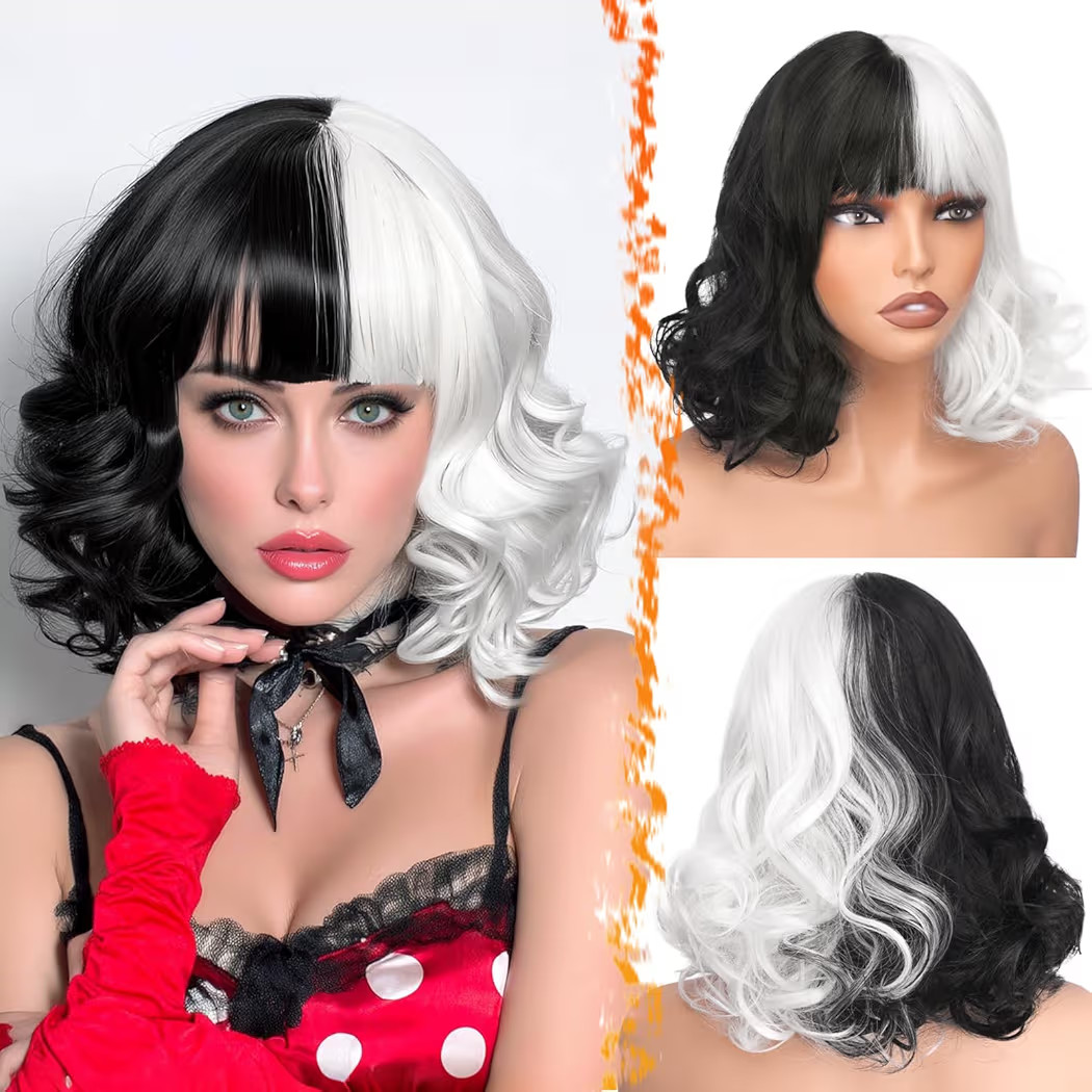 BARSDAR Short Wavy Black and White Wig with Bangs - Short Wavy Half Black Half White Bob Wig with... | Amazon (US)