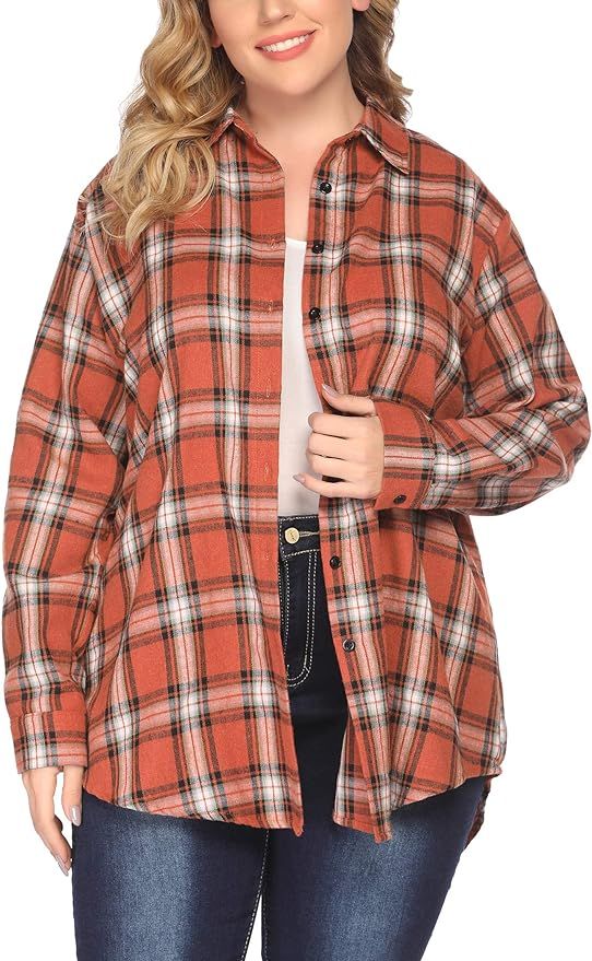 IN'VOLAND Womens Plus Size Flannel Plaid Shirt Roll Up Long Sleeve Mid-Long Button Down Shirts Ca... | Amazon (US)