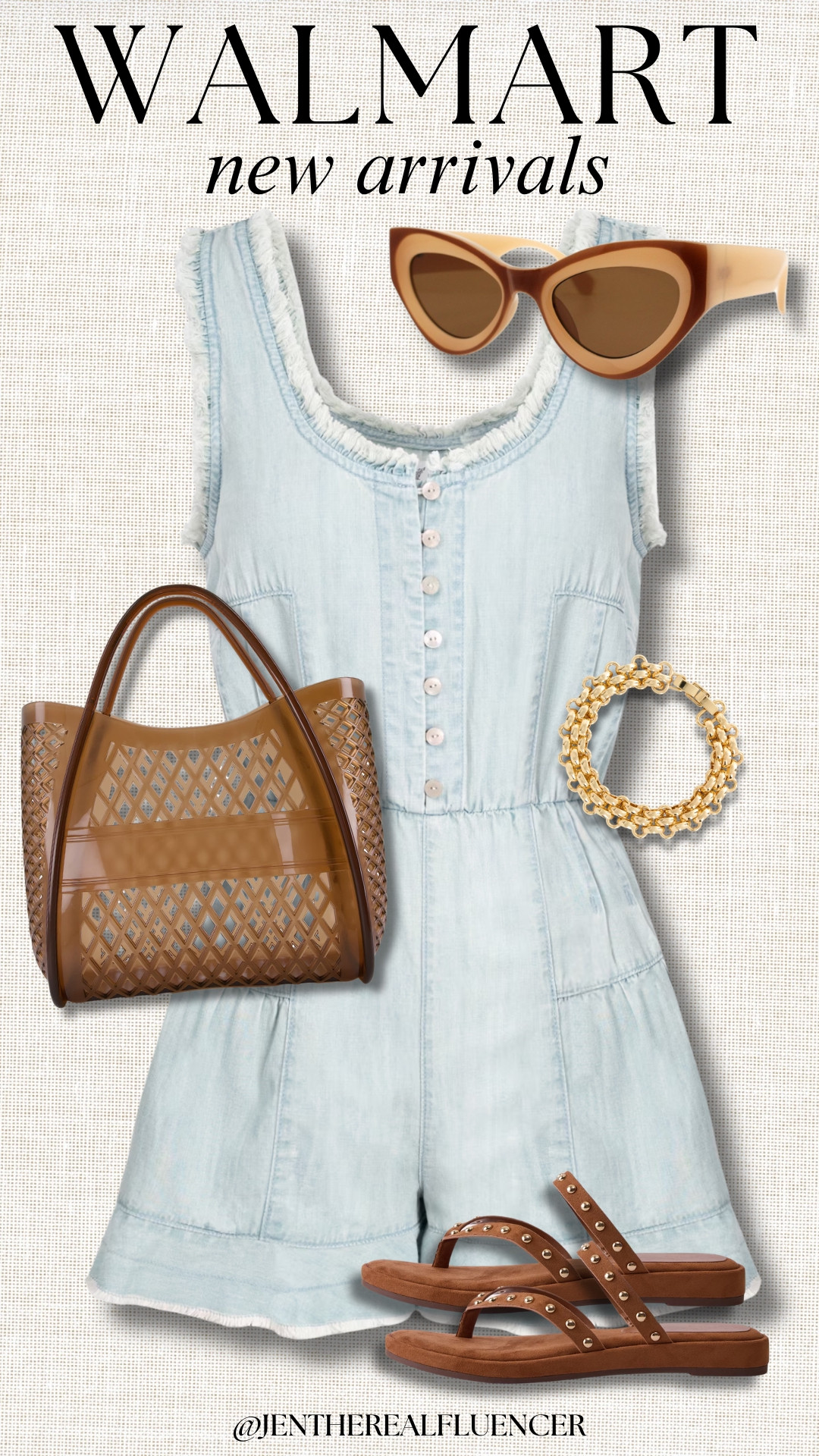 Walmart New Arrivals!

Light Wash Harlee Romper, Beige-Brown Cat Eye Sunglasses, Whiskey Jelly Tote Bag, Gold Chunky Link Bracelet, Cognac Studded Flip Flop Sandals 

 #LTKootd #LTKSeasonal #LTKTravel