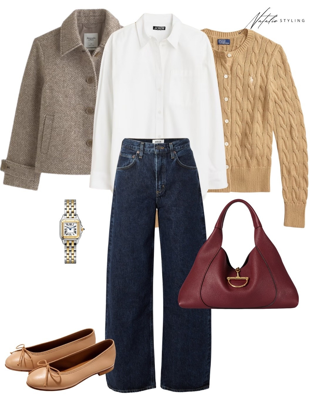 A timeless, elevated everyday look built around classic layering and effortless polish. This chic outfit pairs a crisp white button-down with relaxed straight-leg denim, layered under a cozy camel cable-knit cardigan and a tailored herringbone jacket for a refined yet wearable feel. Warm neutrals and rich textures come together beautifully, finished with a structured burgundy handbag, classic ballet flats, and understated gold accessories for a feminine, put-together look. Perfect for casual workdays, coffee meetings, travel days, or elevated everyday style, this outfit blends comfort with timeless sophistication. An easy, polished look for fall and winter that feels effortless, classic, and endlessly wearable.

#LTKootd #LTKSeasonal #LTKWorkwear