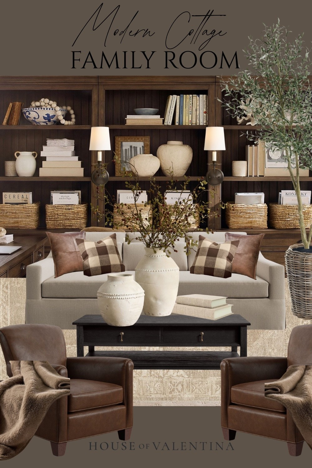 Guys, I could live in this room! A modern cottage family room built around dark shelves, warm leather chairs and a sofa you sink right into. Baskets, books, buffalo check, a big olive tree in the corner. Cozy but pulled together — exactly where everyone ends up on a Sunday afternoon.