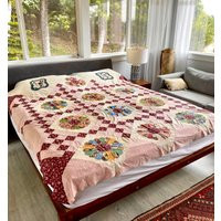 Vintage Dresden Plate Quilt Floral Patchwork Blanket Top Pink Red Country Cottage | Etsy (US)