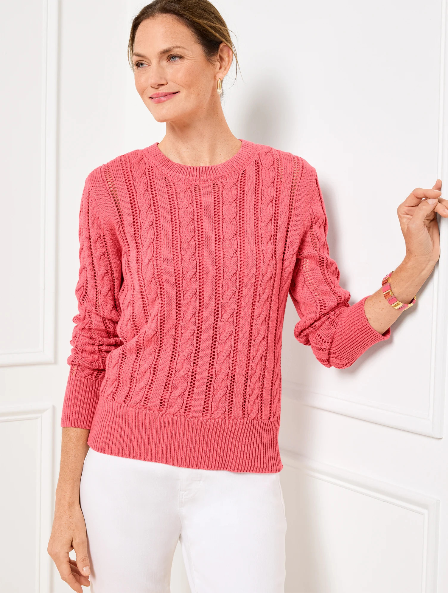 Petite - Open Knit Cable Crewneck Sweater - Pink Rosette - Large - 100% Cotton Talbots | Talbots