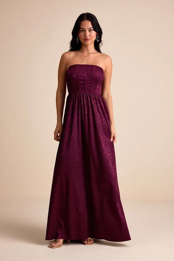 Venita Plum Floral Jacquard Satin Bustier Maxi Dress | Lulus