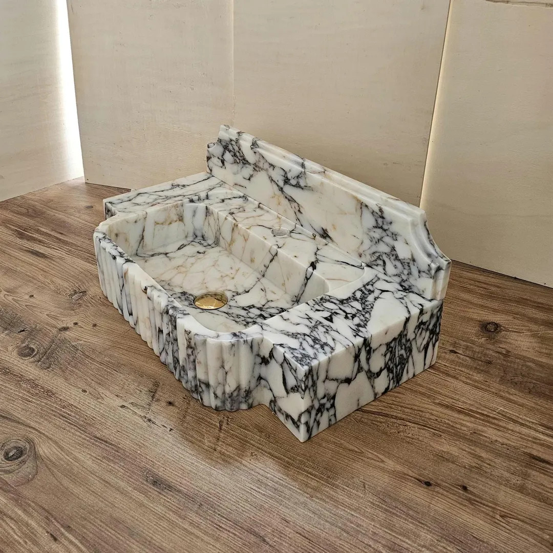 Calacatta Viola Marble Sink, Fluted Vanity Basin with Backsplash, Luxury Bathroom Statement | Etsy (Global)