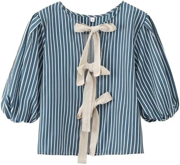 Tie Front Tops for Women Striped Shirt Babydoll Top Puff Sleeve Coquette Tops Cute Trendy Tops | Amazon (US)