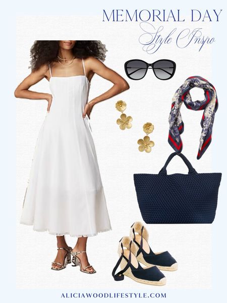 Memorial Day outfit! 

White flared midi dress
Navy espadrilles 
Navy naggefi woven yote
Gold floral drop earrings
Red, white & blue scarf
Dark navy sunglasses 
Patriotic outfit
Red, white & blue outfit 
4th of July outfit
Olympic outfit 
USA Olympic outfit 

#LTKSeasonal #LTKOver40 #LTKStyleTip