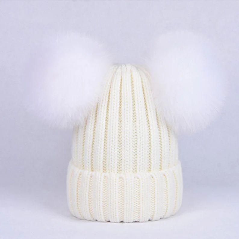 NEW Women Fox Fur Double Pom Pom Hat Knitte Beanies for Baby | Etsy | Etsy (US)