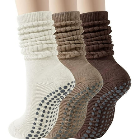 Pilates Socks with Grips for Women, 3 Pairs Long Scrunch Non Slip Yoga Barre Workout Slouch Socks | Walmart (US)