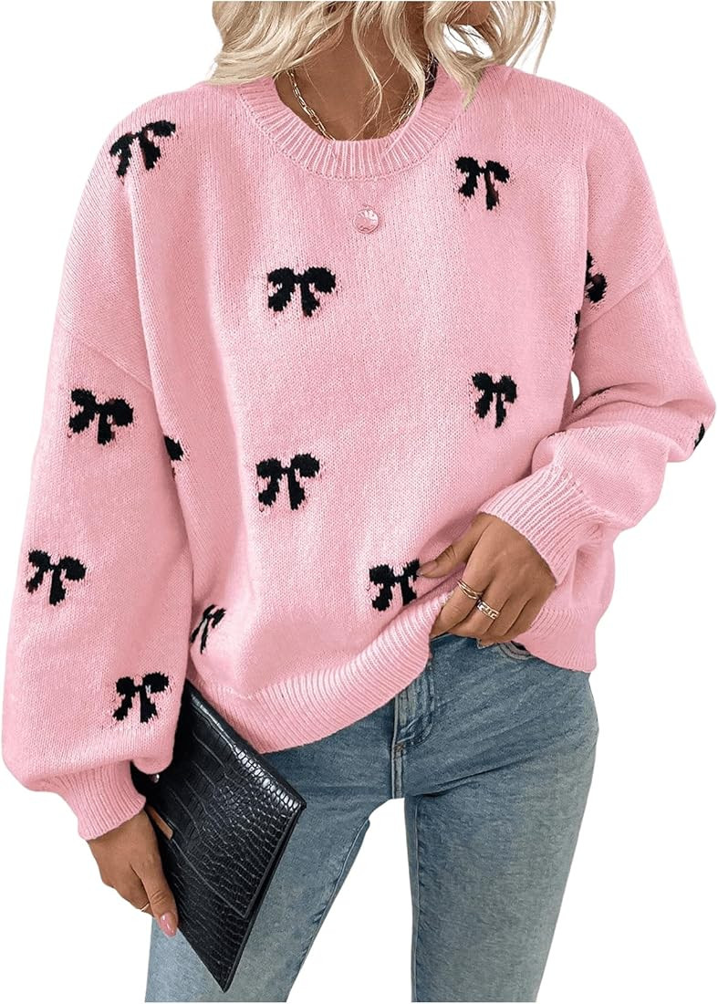 Women's Y2K Bow Print Sweater Crewneck Long Sleeve Drop Shoulder Knit Pullovers Sweaters | Amazon (US)