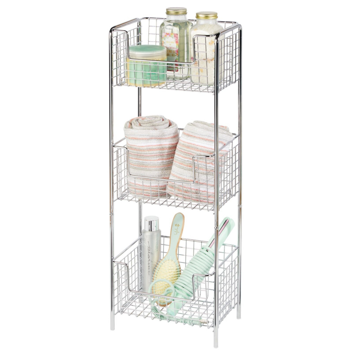 mDesign Steel Freestanding 3-Tier Storage Organizer Tower with Baskets - Chrome - Chrome | Macy's