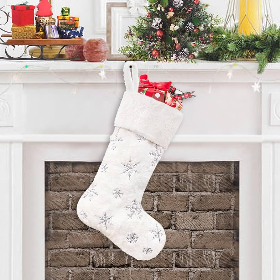 CARAKNOTS White Christmas Stockings 1 Pack Faux Fur Christmas Stockings with Silver Sequin Snow L... | Amazon (US)