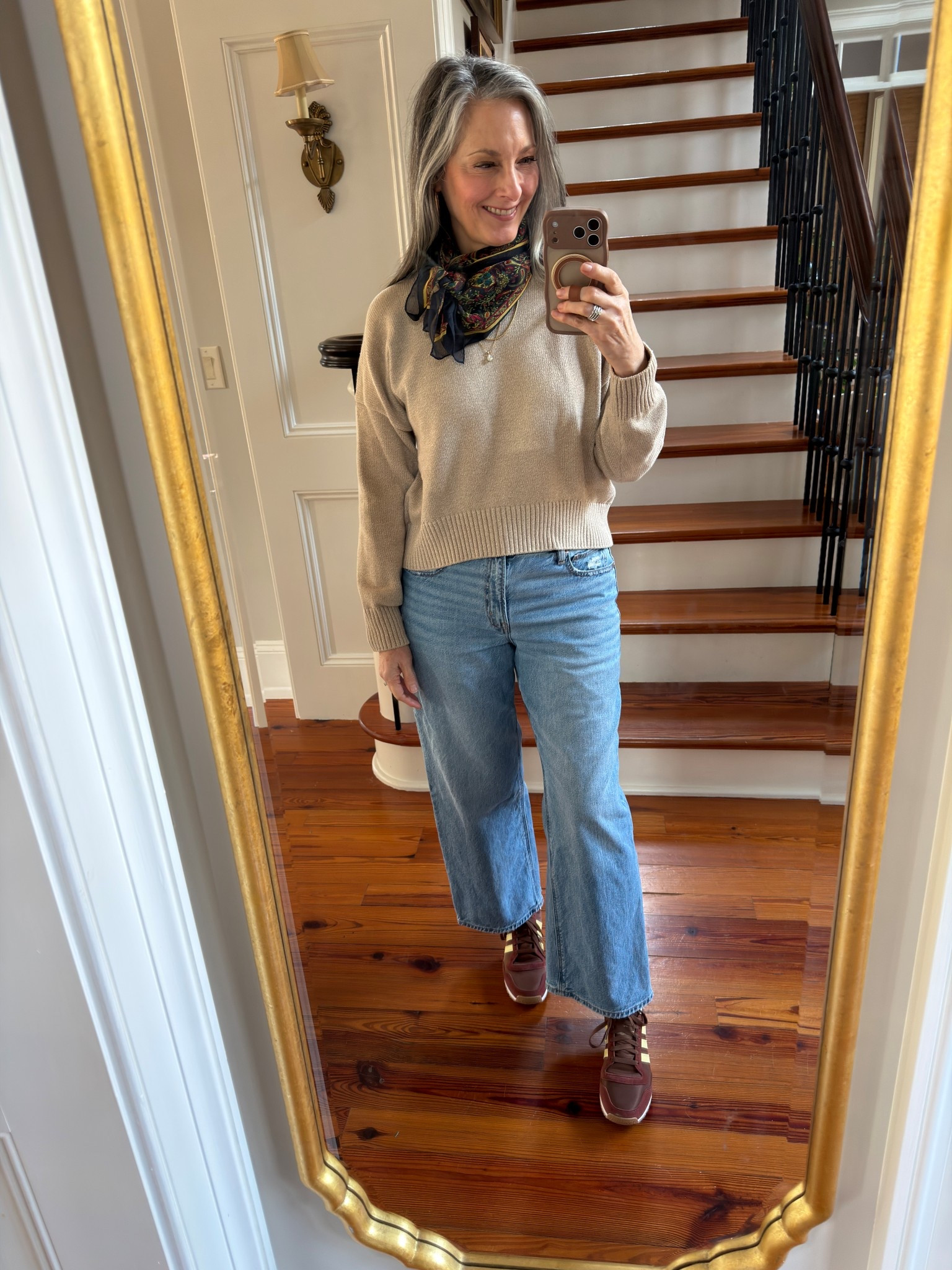 Quince Cotton cropped sweater in a size small.
American Eagle jeans in 8 short
Adidas sneakers: I usually size up 1/2 a size in sneakers, but not these! So comfy! 

#LTKmomlife #LTKOver40 #LTKdayinmylife
